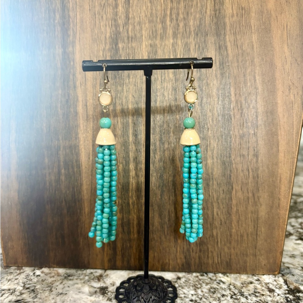 Turquoise and Cream Beaded Tassel Earrings. Fast Shipping.